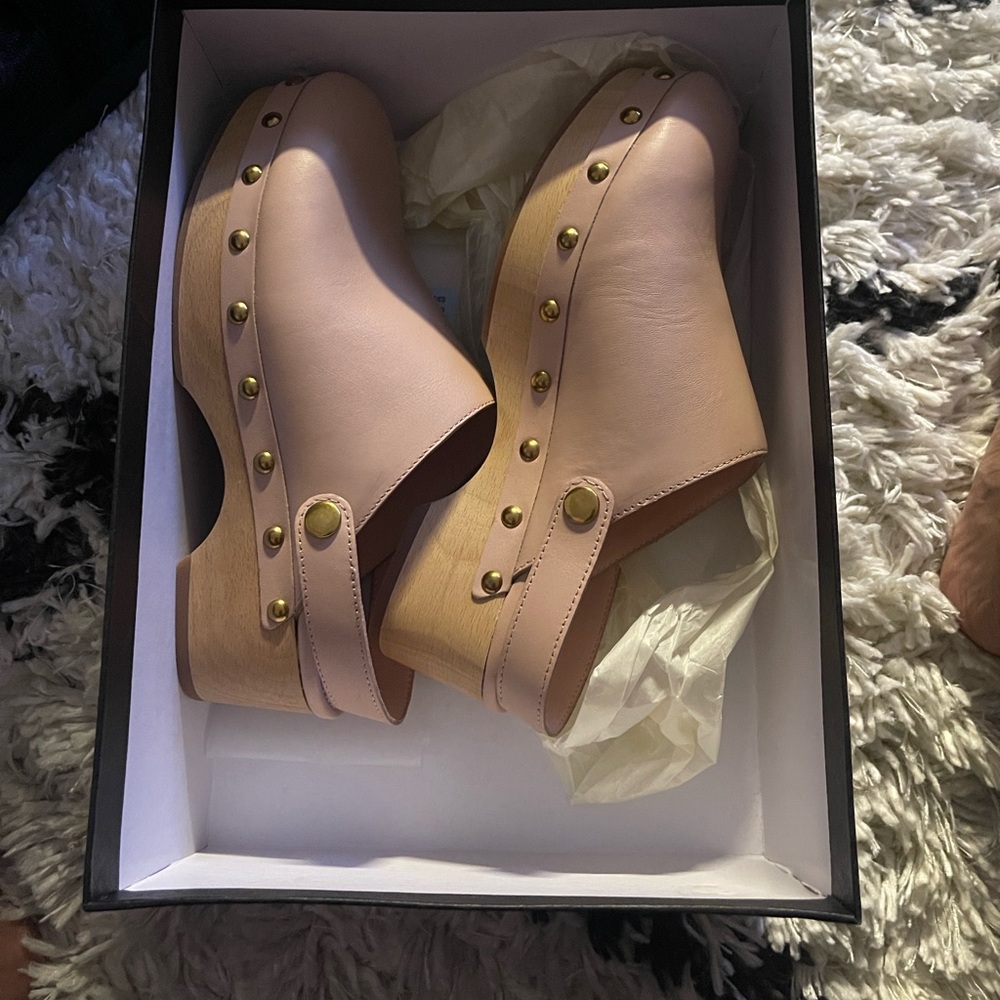 J. Crew Pink Leather Clogs with Gold Accents